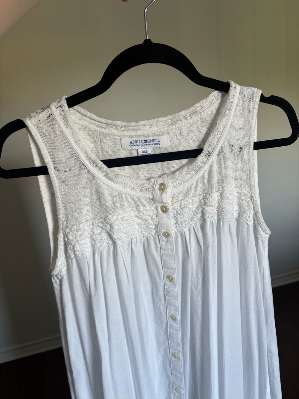 April Cornell White Crochet Yoke Button-Front Sleeveless nightgown maxi